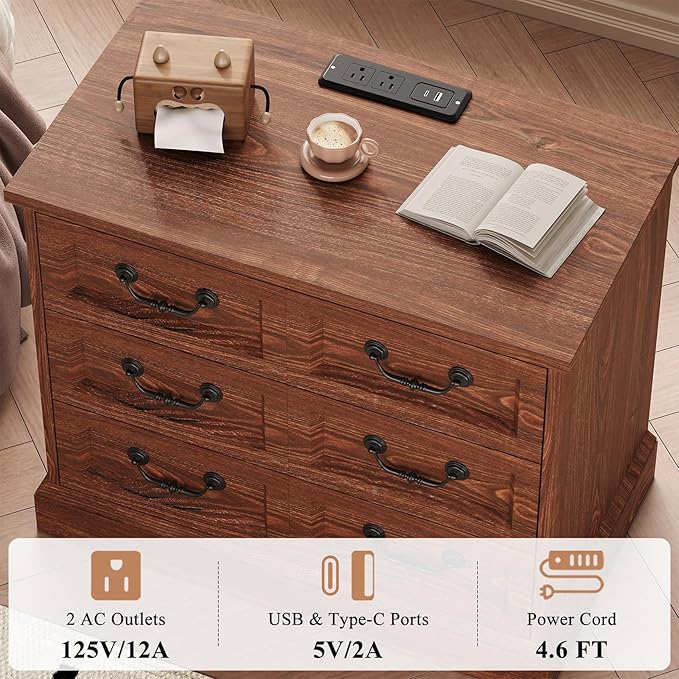 27.6" Wide Farmhouse Nightstand with Charging Station, 3 Drawer Nightstands Set of 2, Larger Side Table End Table, Modern Night Stand for Bedroom, Living Room, Cherry Nightstand