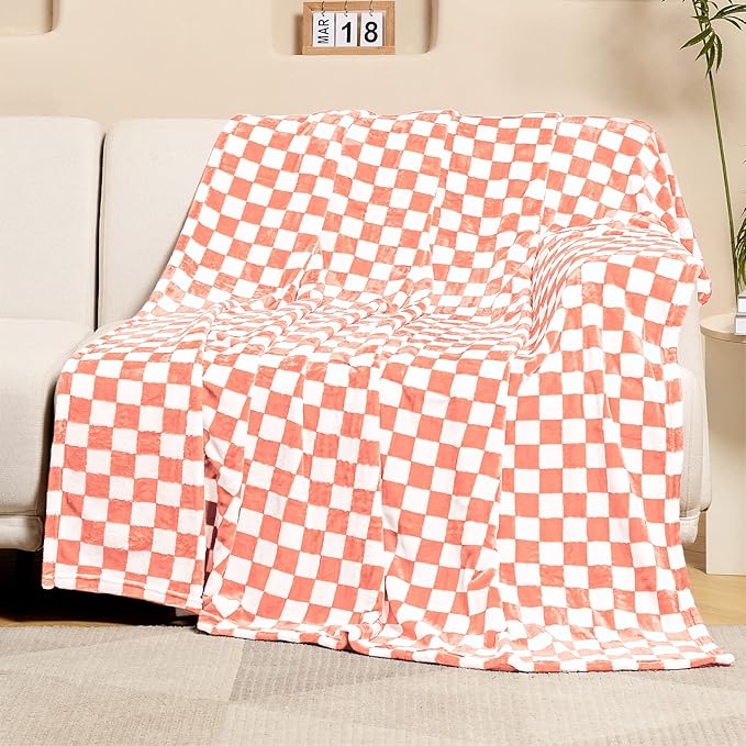 FY FIBER HOUSE Checkered Flannel Fleece Throw Blanket King Size Soft Cozy Checkerboard Grid Print Chessboard Gingham Pattern Blankets for Bed Couch Sofa, 90"x108", Pink