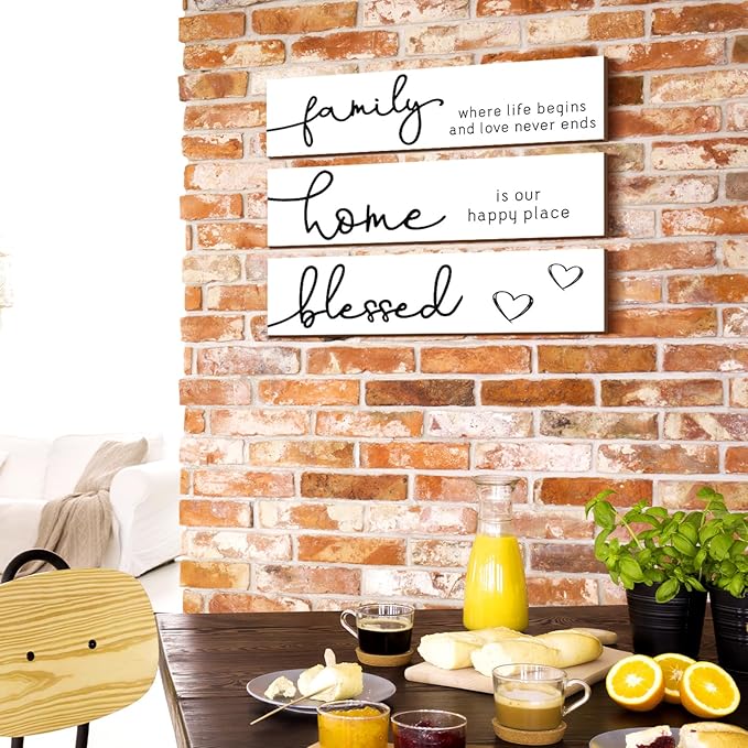 Jetec 3 Pieces Rustic Wood Sign Wall Decor Live Love Blessed Family and Love Quote Sign Farmhouse Wall Mount Decoration for Home Kitchen Living Room, 12 x 3 x 0.2 Inch(White, Black,Novel)