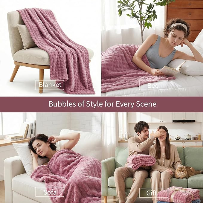 Fluffy 3D Bubble Throw Blanket for Couch & Bed – Cozy Soft Fleece Blankets for Women & Girls – Warm Lightweight Fuzzy Twin (60x80) – Machine Washable Gifts
