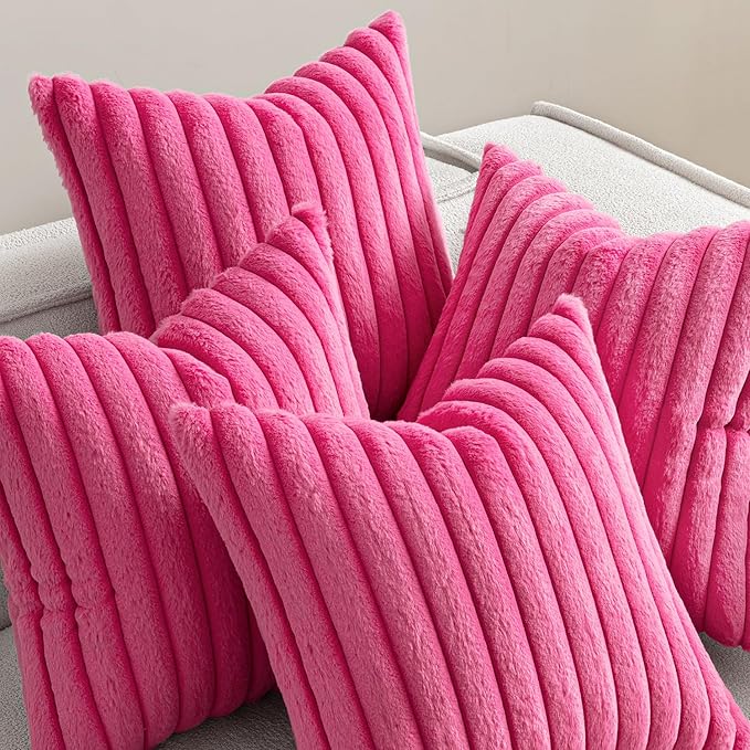MIULEE Faux Fur Plush Decorative Throw Pillow Covers 18x18 Set of 4, Spring Modern Soft Fuzzy Striped Cushion Covers for Sofa Couch Bed Living Room Cozy Home Decor,Hot Pink