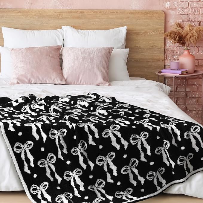 Buryeah Black Bow Blanket Soft Microfiber Double Sided Bow Throw Blanket 50"x 60" Coquette Aesthetic Plush Bedding Stuff Sofa Chair Dormitory Room Decor for Women, Wedding Bridesmaid Gifts, Mother