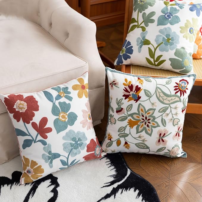 YIcabinet Pack of 2 Throw Pillow Covers,Plants Embroidered Pillow Case Soft Decorative Pillowcases for Home Sofa Couch 18x18 Inch