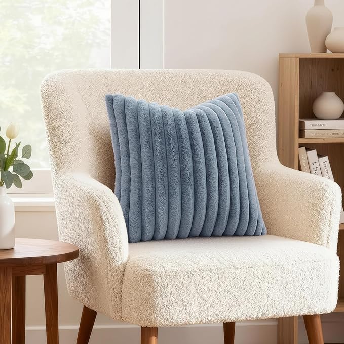 decorUhome Cozy Faux Fur Throw Pillow Covers 22x22 Set of 2 Decorative Soft Plush Striped Modern Farmhouse Boho Couch Euro Sham Pillow Cases with Velvet Back for Sofa Bed Living Room, Grey Blue