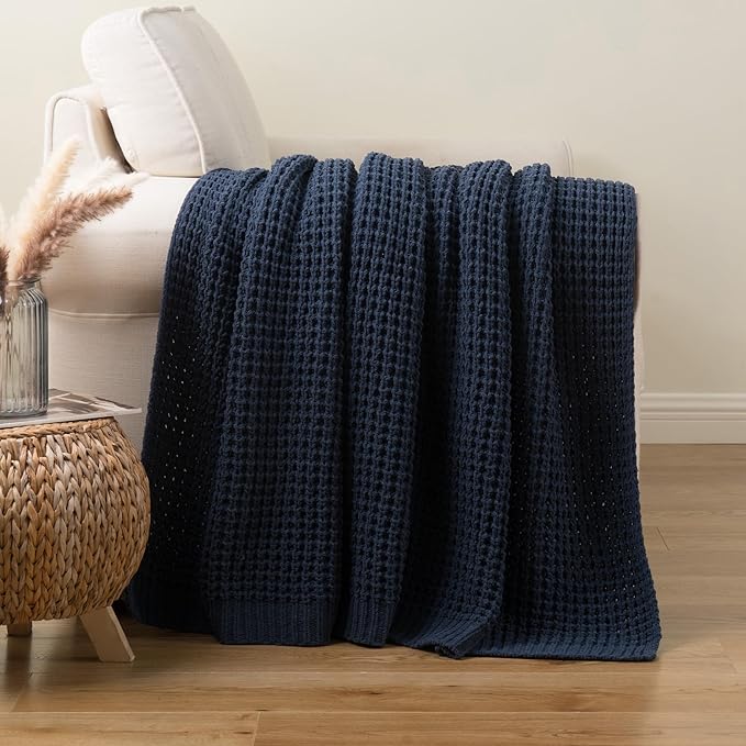 Bunnikins & Clover Navy Blue Throw Blanket for Couch, Knitted Blue Blanket Throw 60''x80'', Super Soft Waffle Navy Throws for Chair Sofa Home Decor