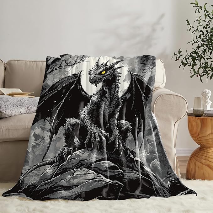 Black Dragon Blanket for Girls Women Boys Men Adults Kids Soft Cozy Fleece Cool Dragon Lovers Throw Blankets Gifts Warm Flannel Plush Lightweight Decor for Couch Bed Sofa 50"X40"