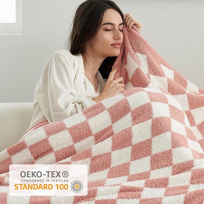 Snuggle Sac Checkered Throw Blanket for Couch, Super Soft, Cozy Warm Knit Blankets, Reversible Plaid Fluffy Throws for Sofa Bed Checkered Pink, 50x60 Inches