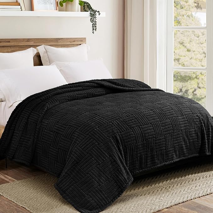 Whale Flotilla Lightweight Fleece Queen Size Blanket for Bed, Fuzzy Soft Blankets with Decorative Jacquard Pattern for All Season, Warm and Fluffy, 90x90 Inch, Black