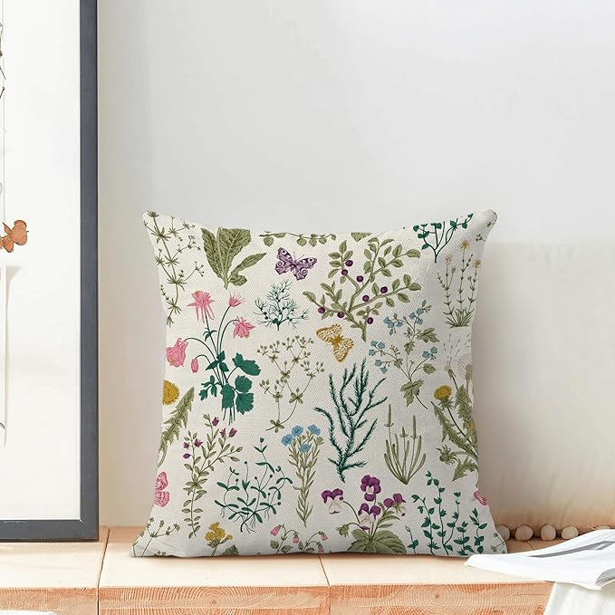 AEIOAE Spring Pillow Covers 20x20 Inch Set of 2,Sage Green Teal Wild Flower Plant Throw Pillows Case,Seasonal Floral Outdoor Decorative Linen Farmhouse Decor Cushion Covers for Home Sofa Bed Couch