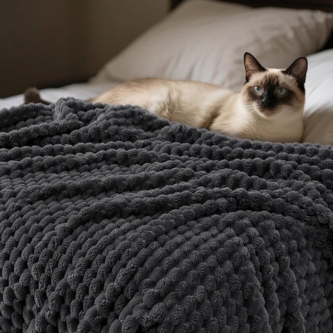 PHF Ultra Soft Flannel Fleece Throw Blanket, Lightweight 3D Jacquard Fleece Blanket, No Shedding, No Pilling, Luxury 340GSM Aesthetic Fluffy Cozy Throws for Couch Room Decor, 50"x60", Dark Grey