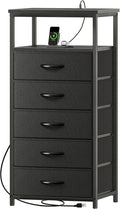 Huuger 5 Drawers Dresser with Charging Station, Dresser for Bedroom, Tall Night Stand, Chest of Drawers with Open Shelf, Bedside Table Nightstand, Fabric Storage Drawers, for Entryway, Black