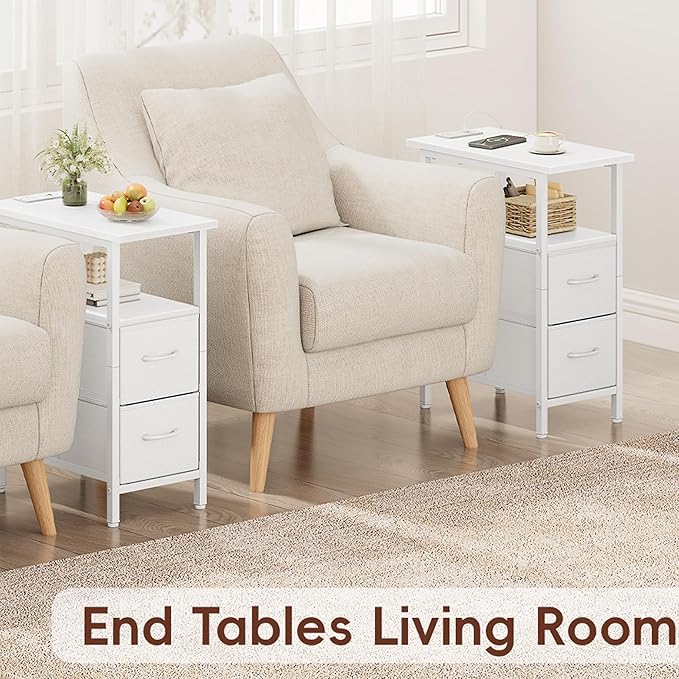 Vagusicc White End Table with Charging Station, Narrow Side Table, 23.8'' Tall Nightstand with 2 Fabric Drawers, Small Sofa Side Table Narrow Nightstand for Small Spaces, Bedroom, Bedsise Table, White