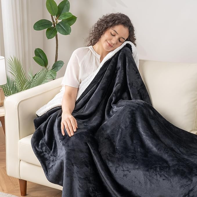 Berkshire Blanket-Sherpa Throw Blanket, Warm and Soft Loftmink Reversible Throw for Couch, Sofa and Travel, Black, 50 in x 60 in