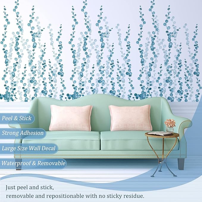 Blue Hanging String of Pearls Succulents Vine Wall Decals Peel and Stick, Large Plants Leaf Vinyl Wall Stickers, Removable Home Decor Art for Bedroom Living Room Classroom Office
