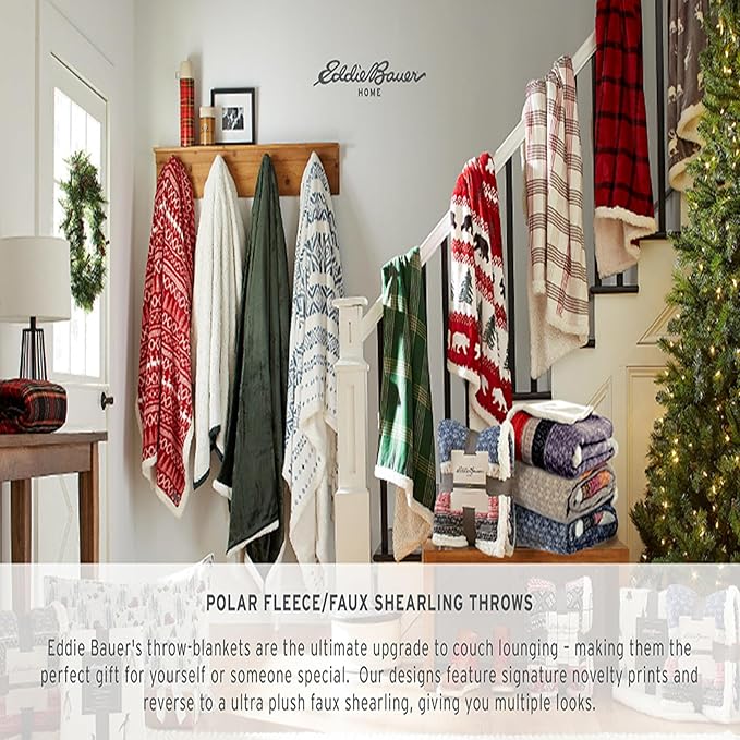 Eddie Bauer - Throw Blanket, Brushed Fleece & Plush Sherpa Bedding, Throw Blanket for Couch & Bed (Fair Isle Dark Steel, 50" x 70")