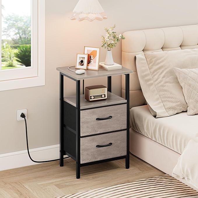 Vagusicc Night Stand Set 2, Nightstand with Charging Station, Bedside Tables with USB Ports and Outlets, 24.2" Tall End Table with Open Shelf, Bed Side Tables with 2 Fabric Drawers for Bedroom, Greige