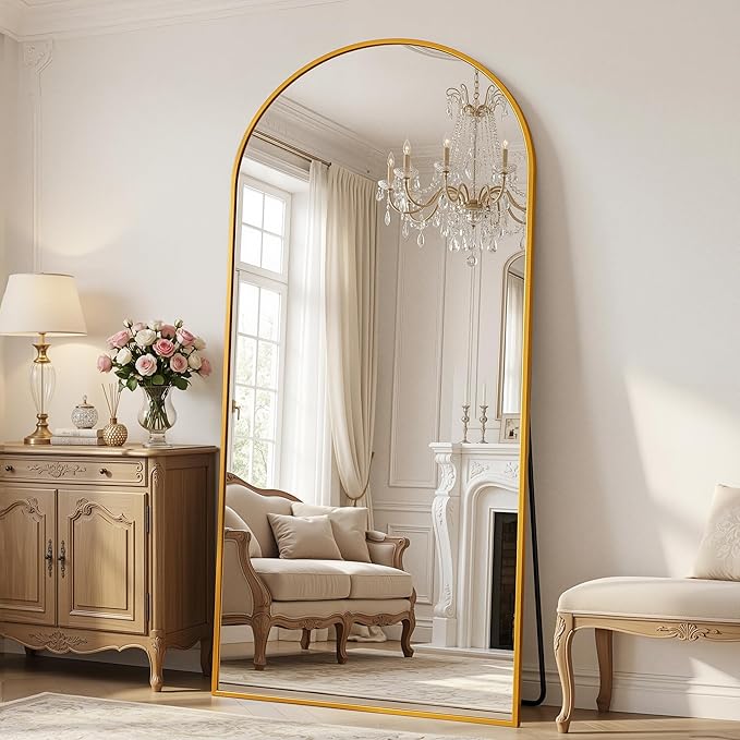 Antok Full Length Floor Mirror Arched Standing Mirror with Aluminum Frame - Freestanding Wall Mount Leaning Body Mirror for Bedroom Living Room Entryway, 76" L x 34" W, Gold