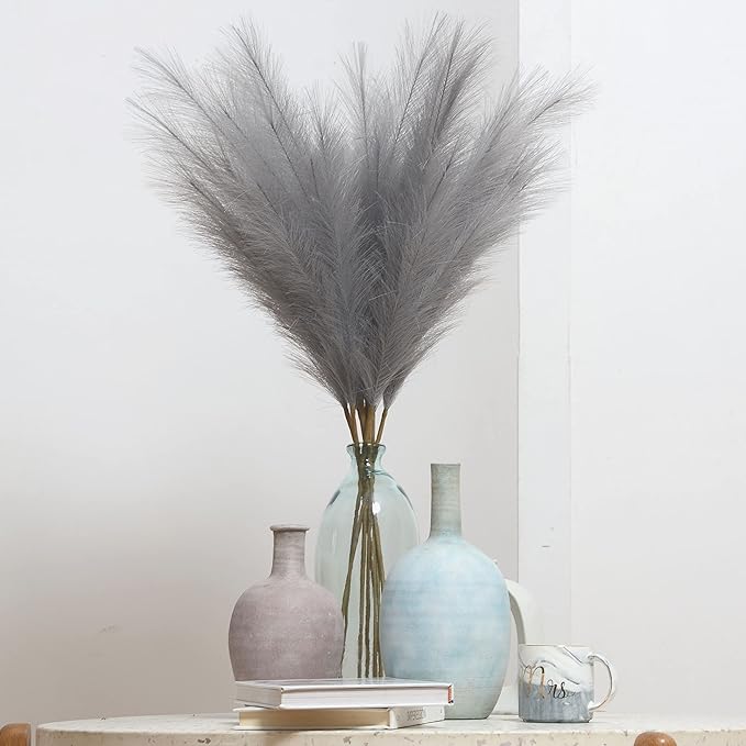 Faux Pampas Grass, Set of 9 Stems 37'' Tall Fluffy Fake Pompas Floral, Large Artificial Pompous Branches for Floor Vase Fillers, Pompas Decorativas, Boho Farmhouse Wedding Home Decor(Grey)
