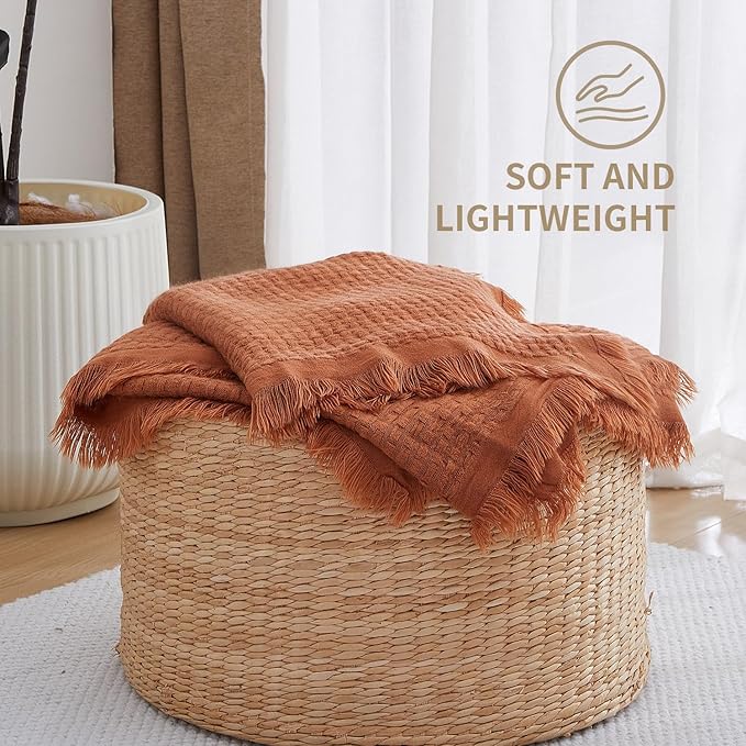 100% Acrylic Decorative Knitted Throw Blanket with Tassels for Bed, Couch, Small, Chairs, Lightweight, Soft, Cozy, Waffle Textured Blanket, Suitable for Spring, Summer, Rust, 50"x60"