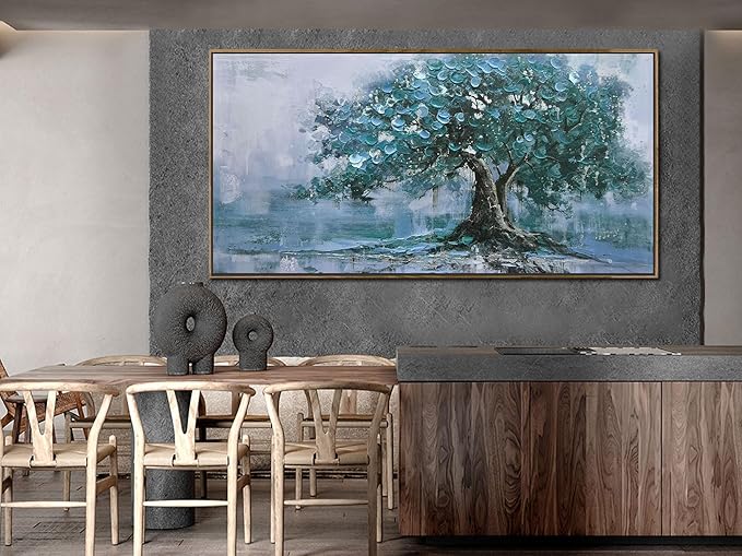 Ardemy Extra Large Framed Tree Canvas Wall Art for Living Room, Teal Tree of Life Landscape Bedroom Picture Wall Decor, Nature Painting Artwork for Wall Home Office Dining Room Kitchen 58"x29"