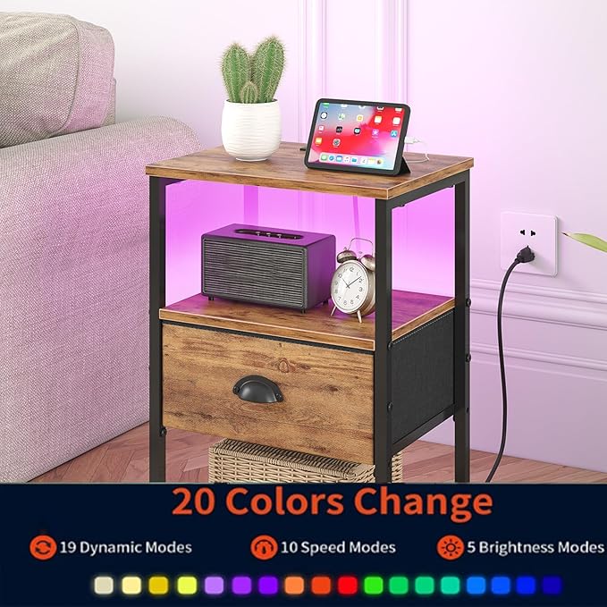 Nightstands Set of 2, LED Night Stands with Charging Station and Fabric Drawer, Bedside Tables with Drawers, 2- Tier LED Side Table End Table Charging Station Livingroom Bedroom,Rustic Brown