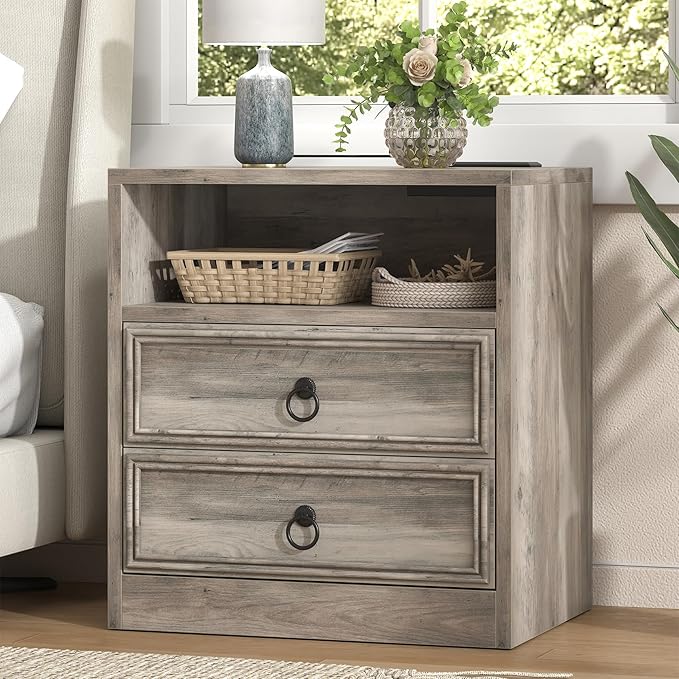 Farmhouse Nightstand with Charging Station, 21.7" Wide End Table with 2 Drawers & Open Compartment, Grey Wood Side Table, Bedside Table for Bedroom, Living Room, Sofa