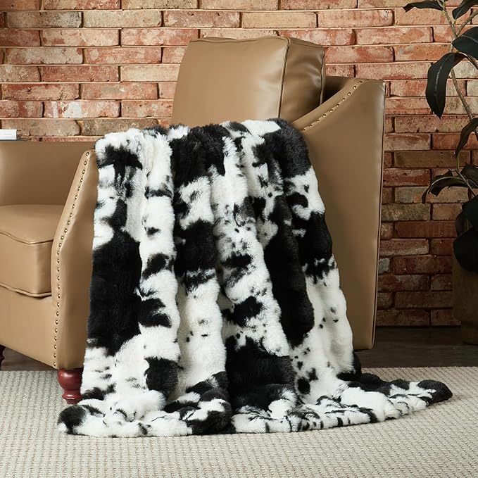 Lotus Karen Faux Fur Throw Blanket Cow Print-Black, Fluffy Fuzzy Plush Bubble Blanket for Couch, 80x60 Inches Cozy Shaggy Rabbit Blanket, Luxury Decorative Gifts for Sofa Bedroom Living Room.