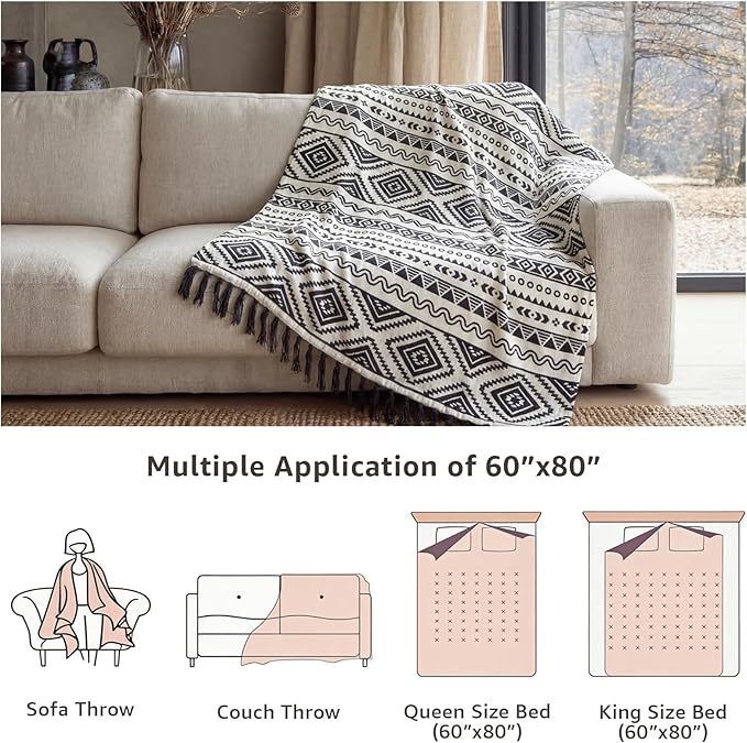 CASAAGUSTO Boho Throw Blanket - Black and White Decorative Blankets with Tassel, Printed Flannel Bohemian Blanket for Chair, Bed, Sofa, Couch(50 * 60, Black and White)