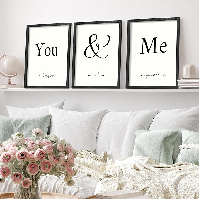 Houmury Set of 3 Framed Wall Decor Farmhouse Wall Art You & Me Always and Forever Vintage Bedroom Wall Decors 12x16 (White)