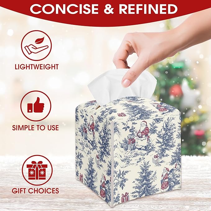 Watercolor Blue Chinoiserie Tissue Box Cover, Christmas Santa Claus Tissue Box Cover Square, Xmas Gift Ideas for Family Friends, Bathroom Kitchen Car Office Home Table Decor(5.2 Inches)-B18