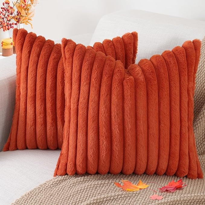 Pallene Faux Fur Plush Fall Throw Pillow Covers 26x26 Set of 2, Luxury Soft Fluffy Striped Decorative Pillow Covers for Sofa, Couch, Living Room, Rust