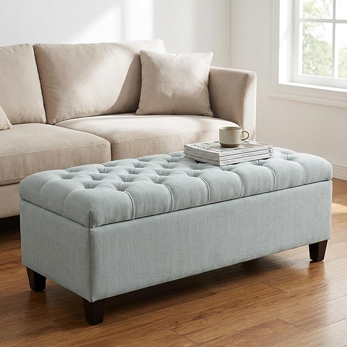 60.2" Storage Ottoman Bench for Bedroom Bed End,Polyester Upholstered Bench with Seating,Button Tufted Ottomans with Storage for Living Room,Bedside,Entryway (Baby Blue, 49.75")