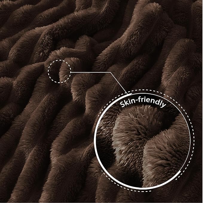 Exclusivo Mezcla Twin Size Flannel Fleece Blanket, Super Soft Striped Jacquard Bed Blanket, Lightweight Fuzzy Cozy for All Seasons, 60x80 Inches, Coffee