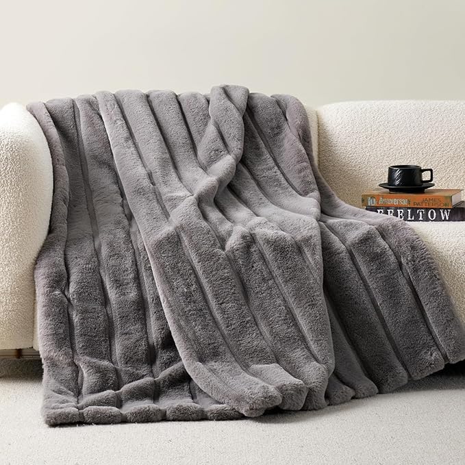 Cozy Bliss Deluxe Sheared Rabbit Faux Fur Throw Blanket, Soft Fuzzy High-Low Sculpted Plush Blanket for Couch, Cozy Home Accent, All Season Use, Grey 50"x60"