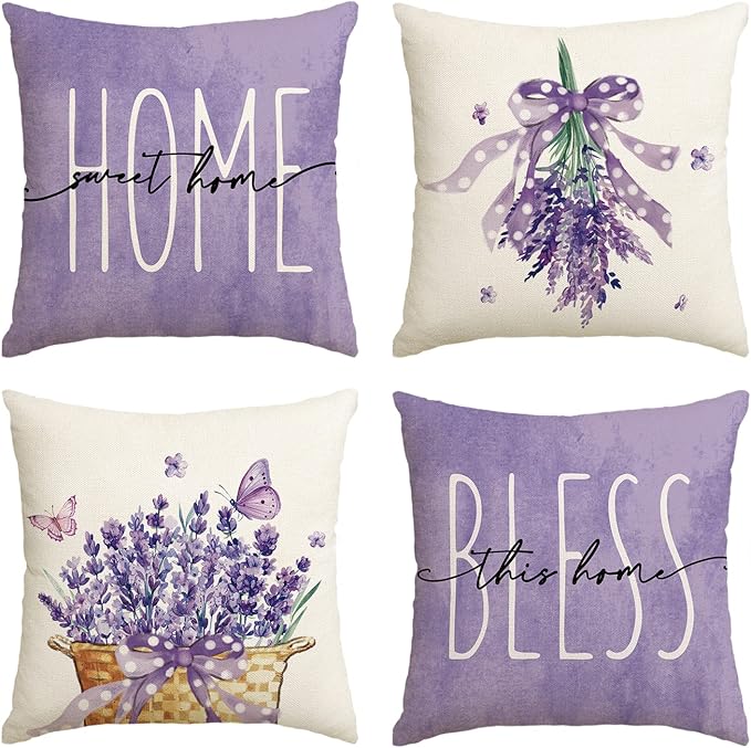 AVOIN colorlife Lavender Bless This Home Sweet Home Spring Throw Pillow Covers, 16 x 16 Inch Purple Cushion Case for Sofa Couch Set of 4