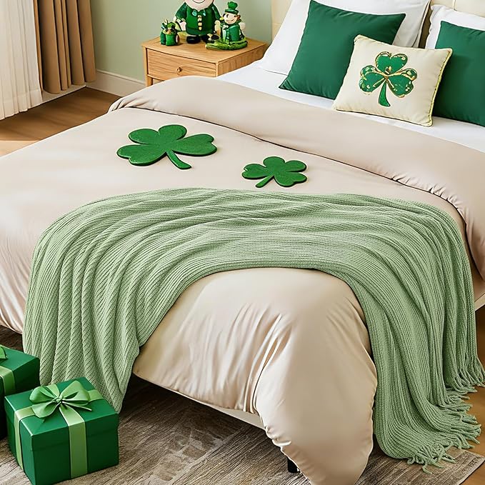 inhand Basil Green Throw Blanket for Couch Bed, St. Patrick’s Day Lucky Spring Gifts Throw for Men Women,Chunky Chenille Woven Soft Warm Blanket,Boho Farmhouse Cozy Decor,50"x60",Medium Thick