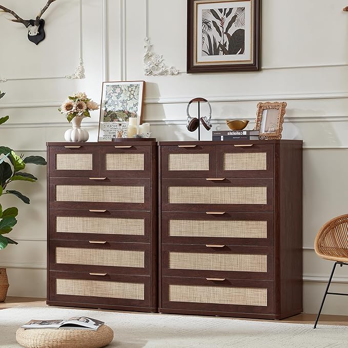 LEYAOYAO Dresser for Bedroom, 41" Tall Chest of Drawers, Modern 6 Drawers Boho Rattan Dressers with Storage, Dresser Wooden Closet Organizer for Living Room, Hallway