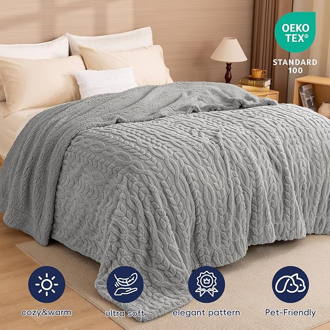 PHF Fluffy Sherpa Blanket Queen Size for Winter, Warm and Soft, 510GSM 3D Jacquard Thick Shaggy Fleece Plush Blanket for Sofa Bed, Grey, 90"x90"