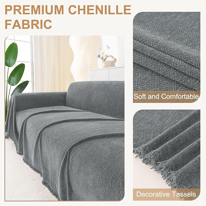 Smiry Couch Cover for Dogs, Washable Chenille Sofa Covers for 3 Cushion Couch, Soft Sofa Slipcover for Pets, Thick Sectional Furniture Protector with Tassels (Grey, 71x102 Inch)