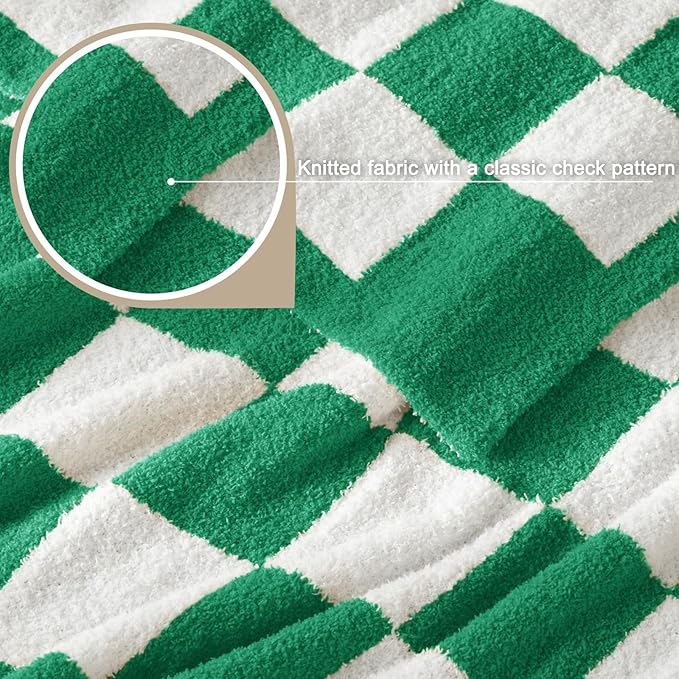 Whale Flotilla Checkered Knit Blanket Twin Size, Ultra Soft Warm Reversible Cozy Decorative Blankets for Couch Sofa and Bed, 60x80 Inch, Green