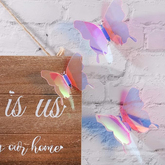 BBTO 48 Pieces Butterfly Wall Decor DIY 3D Mirror Butterfly Stickers Removable Decals Crafts for Birthday Party Bedroom School Bathroom Living Room Decor(Transparency Colorful Pink)