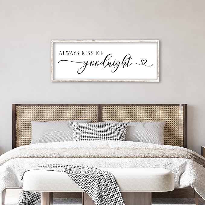 Always Kiss Me Goodnight Sign Wall Decor 40"X15" Master Bedroom Above Bed Large Wooden Framed for Couples Over Bed Wall Hanging Art (White)