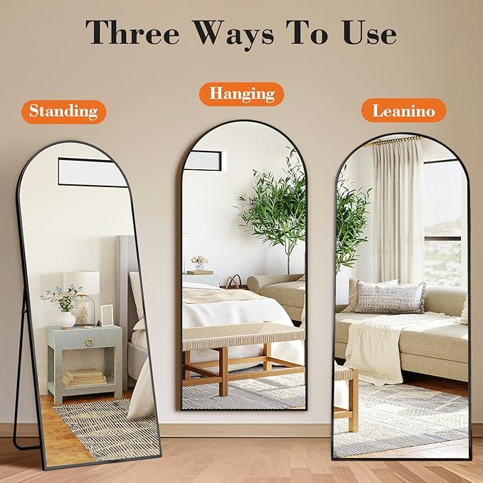 NEWBULIG Arched Full Length Mirror 59.2"x16" for Bedroom, Full Body Mirror with Stand, Hanging or Leaning for Wall, Aluminum Alloy Thin Frame Floor Standing for Living Room, Tall, Black