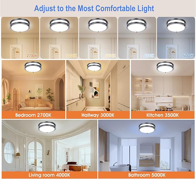 Drosbey 50W Dimmable LED Ceiling Light Fixture, Kitchen Light Fixtures, 13.2 inch Flush Mount Ceiling Lights for Bedroom, Bathroom, 2700K/3000K/3500K/4000K/5000K Selectable, Super Bright 5000LM, Black