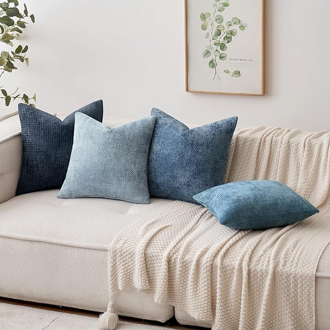 MIULEE Pack of 2 Coastal Blue Euro Sham Pillow Covers 24x24 Inch Summer Modern Boho Accent Decorative Throw Pillow Covers Chenille Farmhouse Cushion Covers for Home Decor Couch Bed Sofa Living Room