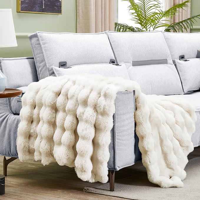 JONIYEAR Extra Large Soft Fuzzy Bubble Faux Rabbit Fur Bed Blanket Queen Size 80" x 90", Decorative Big Thick Warm Fluffy Blanket for Winter, Luxury Cute Cozy Shaggy Comfy Furry Blankets, Cream White