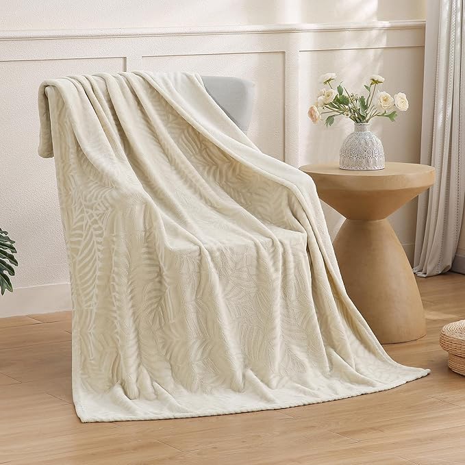 SOCHOW Super Soft Flannel Fleece Throw Blanket, Lightweight Cozy Warm Leaves Textured Plush Blanket for Bed Couch Sofa, 60 x 80 Inches, Linen