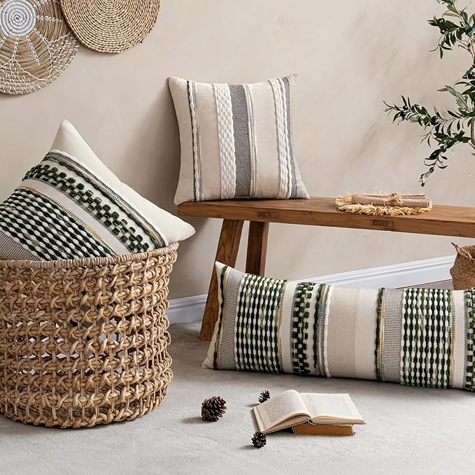 ANRODUO Pack of 1 Boho Decorative Throw Pillow Covers 14x36 Farmhouse Cushion Case Long Chenille Pillow Cases Lumbar Pillow Covers Accent Neutral Pillowcase for Sofa Couch Bed, Olive Green Stripe