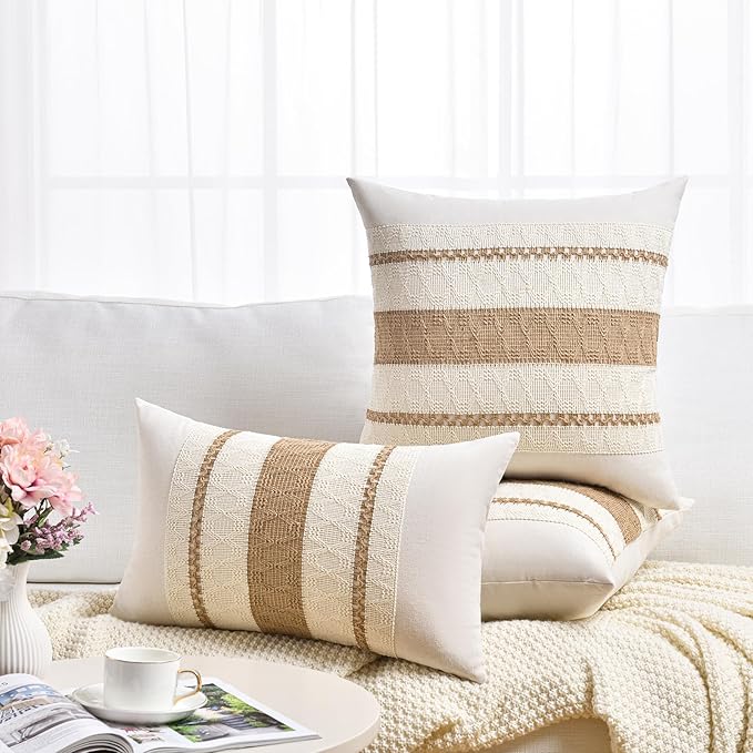 Fancy Homi Set of 2 Boho Neutral Long Lumbar Decorative Throw Pillow Cover 16x24 Inch for Couch Bed Sofa Chair, Modern Organic Farmhouse Home Decor, Soft Cotton Cute Accent Tan Rectangle Cushion Case