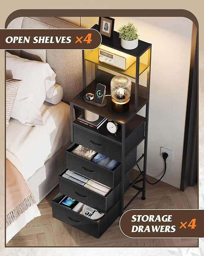 WLIVE Tall Nightstand with Charging Station, LED Night Stand with 4 Drawers and Storage Open Shelves, Fabric Dresser for Bedroom, Living Room, Office, Black